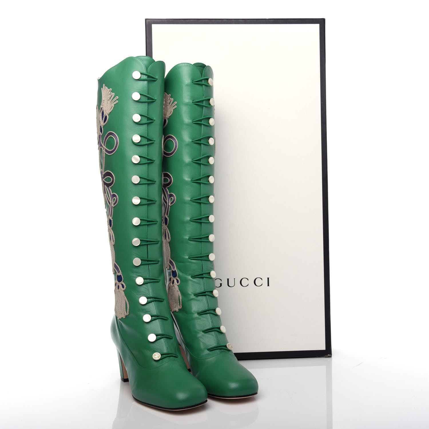 Gucci Calfskin Embroidered Amaya Knee High Boots 39 New Shamarock 11 of 11