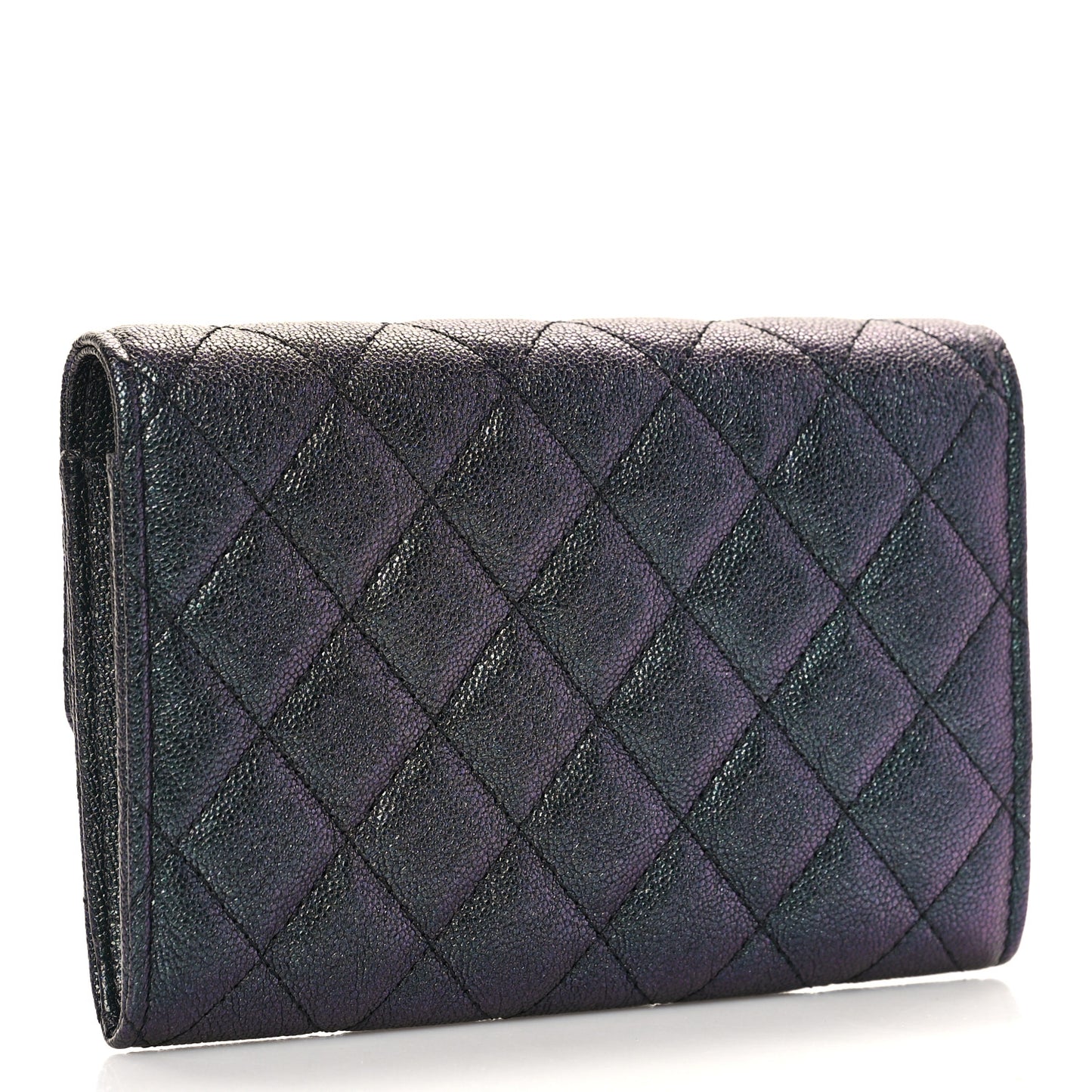 Iridescent Caviar Quilted Large Gusset Flap Wallet Black