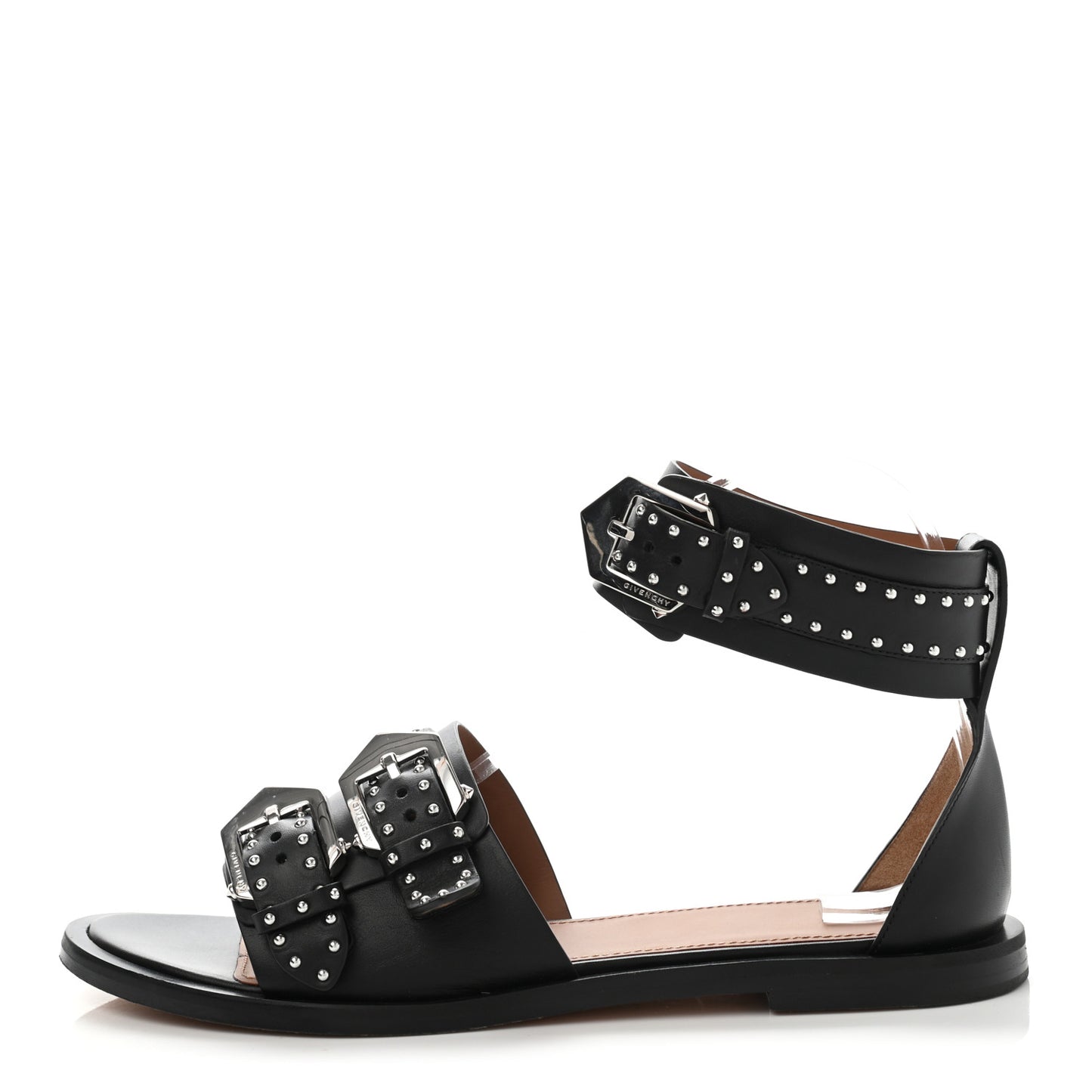 Calfskin Studded Elegant Flat Sandals 38.5 Black