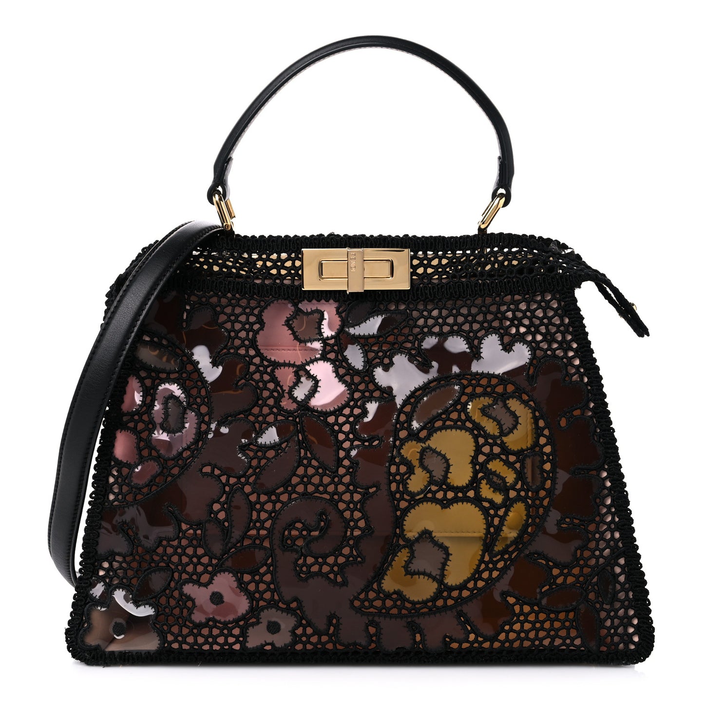 Calfskin Lace Medium Peekaboo I SEE U Satchel Black Multicolor Light Rose