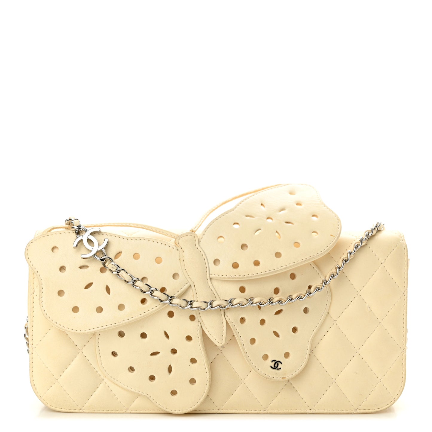 Lambskin Quilted Butterfly Chain Clutch White