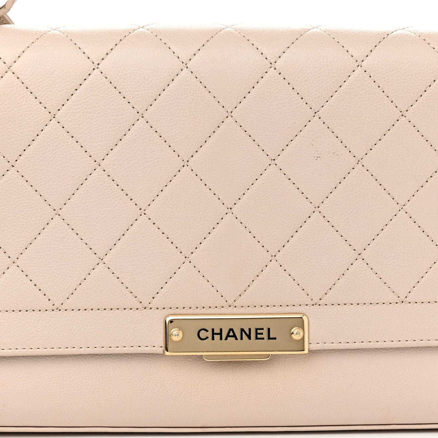 Grained Calfskin Quilted Large Label Click Flap Bag Light Beige