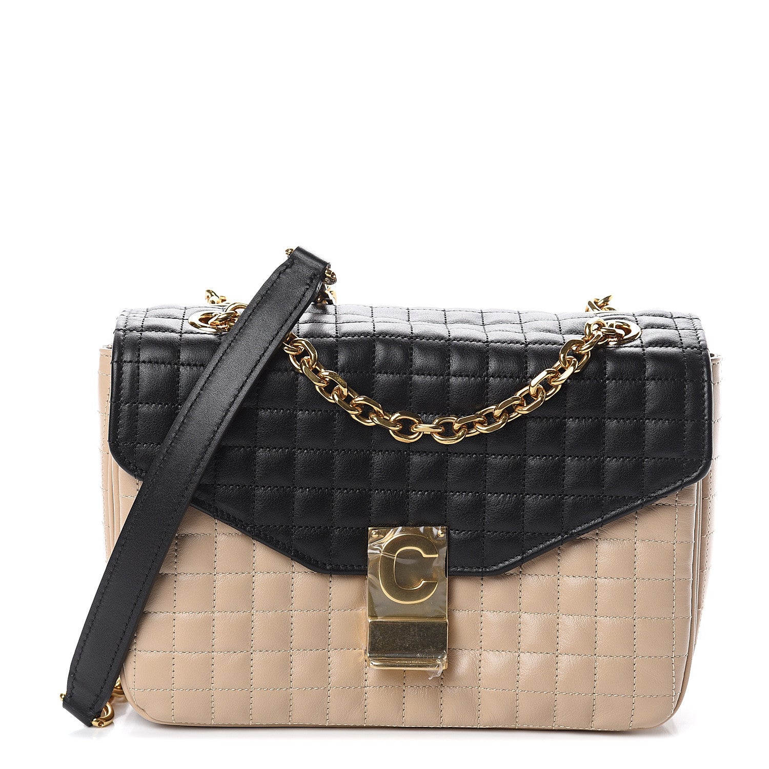 Celine Calfskin Quilted Medium C Bag Black Beige 1 of 8