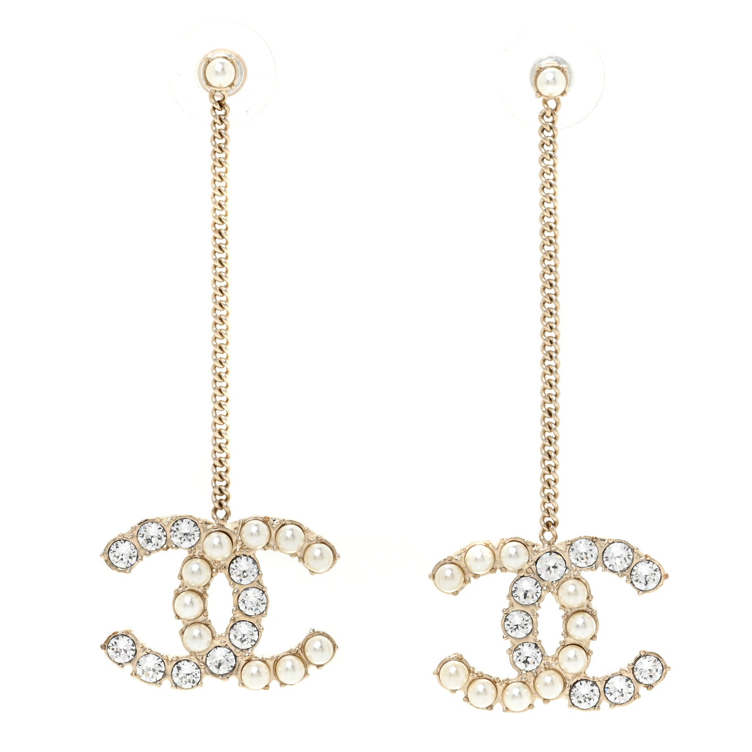 Chanel Crystal Pearl Dazzling Domino Drop Earrings Matte Gold 1 of 4