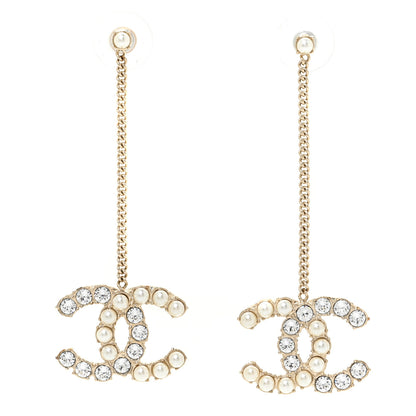 Chanel Crystal Pearl Dazzling Domino Drop Earrings Matte Gold 1 of 4