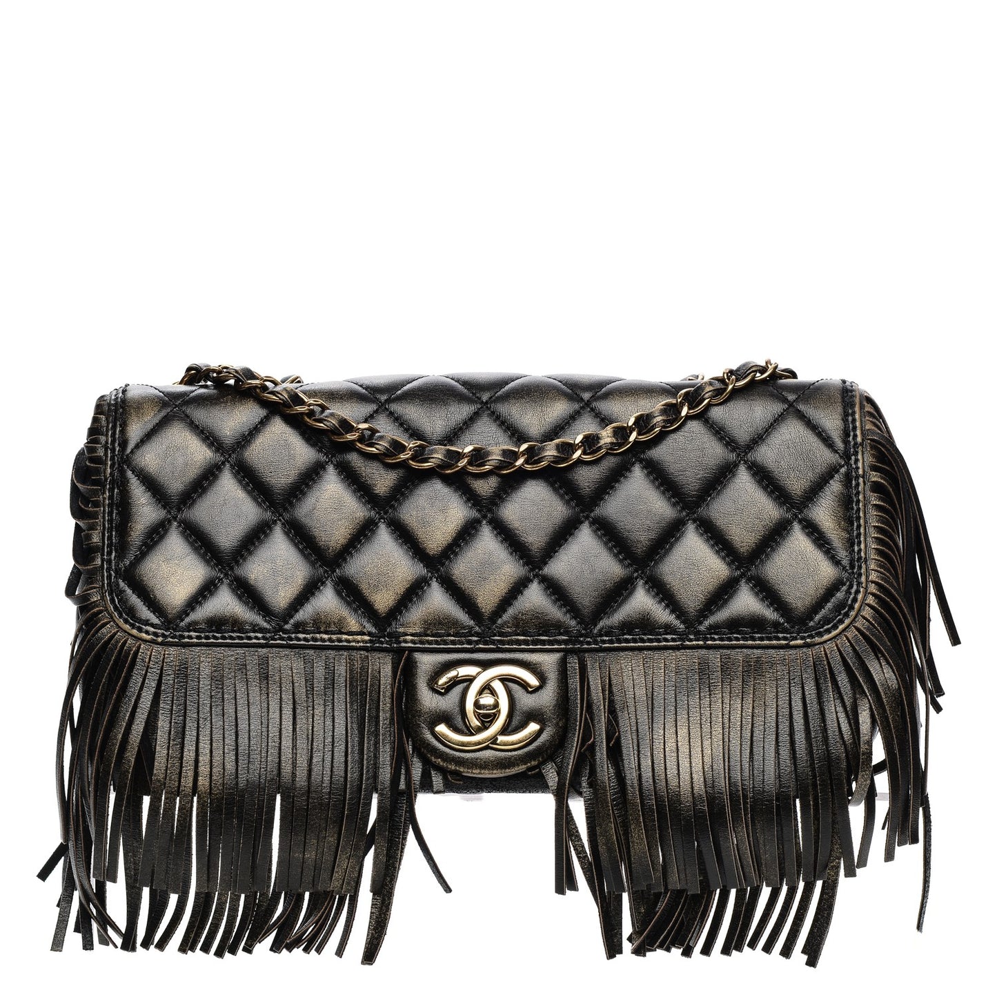 Metallic Calfskin Quilted Large Into The Fringe Flap Black
