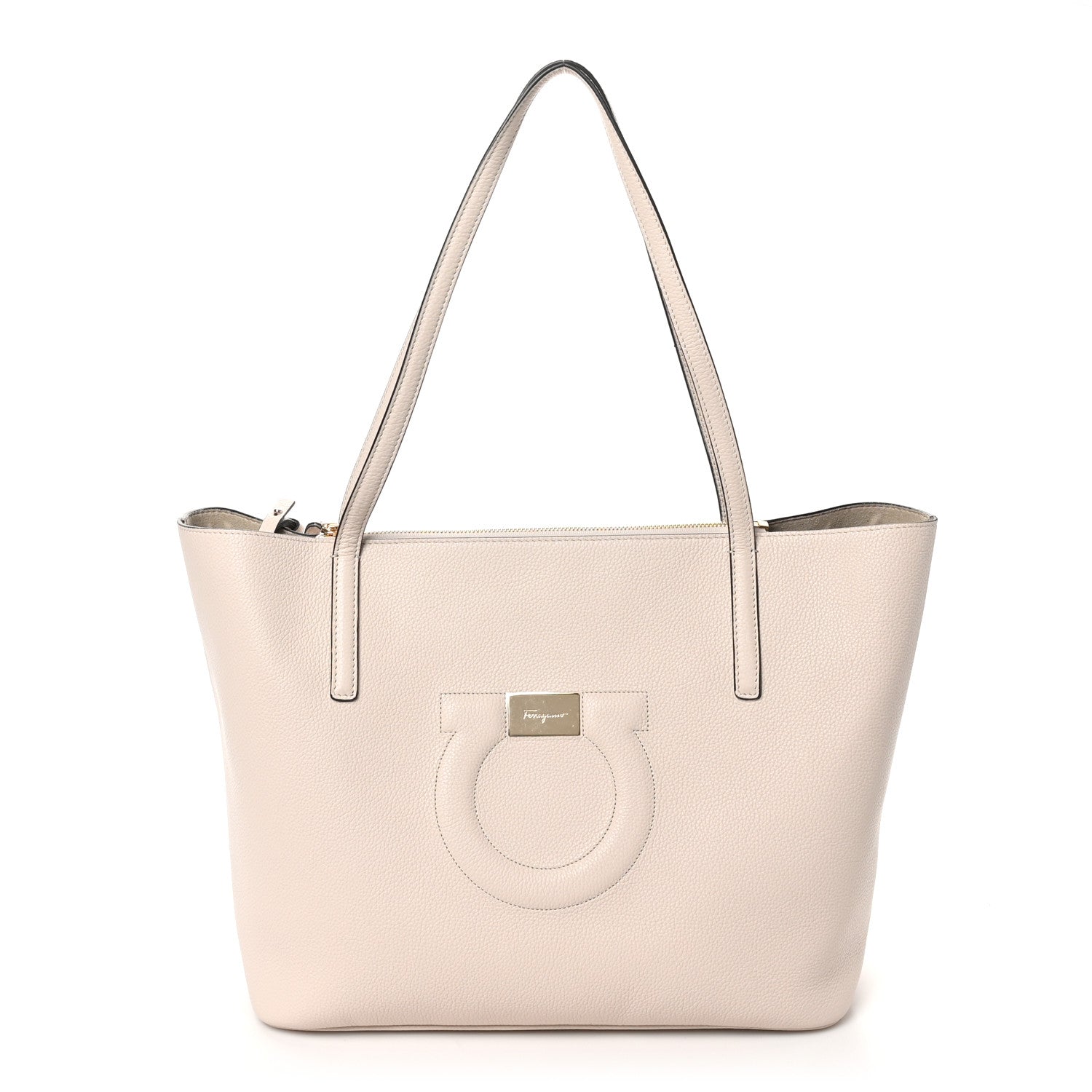 Salvatore Ferragamo Grainy Calfskin Medium Gancini Tote Bone 1 of 10