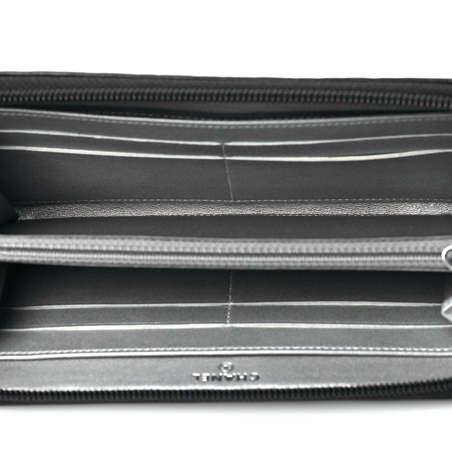Lambskin Camellia Embossed Large Zip Around Gusset Wallet Black