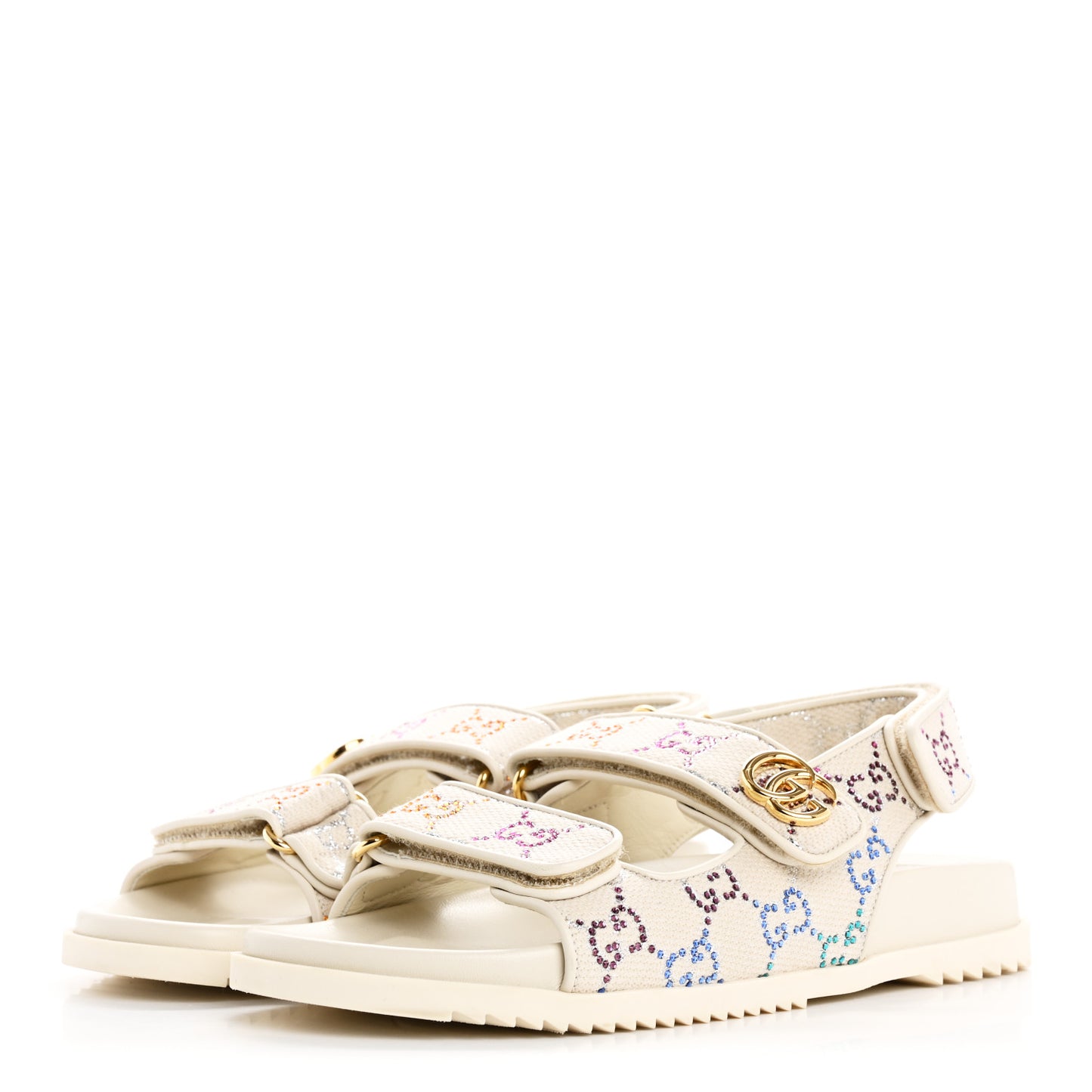 Canvas Lame Crystal GG Monogram Double G Womens Dad Sandals 37 Gardenia Silver Mystic White