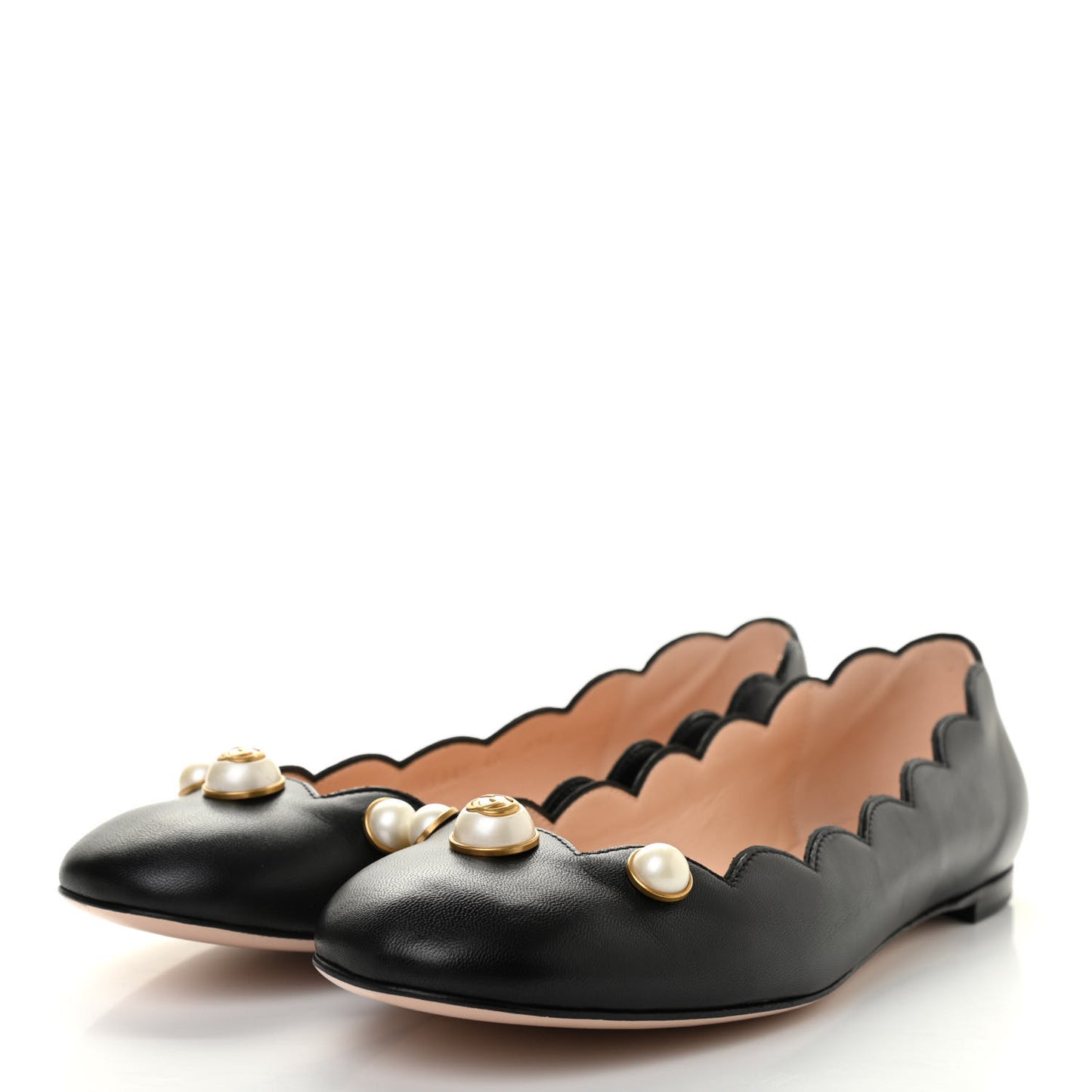 Malaga Kid Interlocking G Pearl Scalloped Flats 40 Black