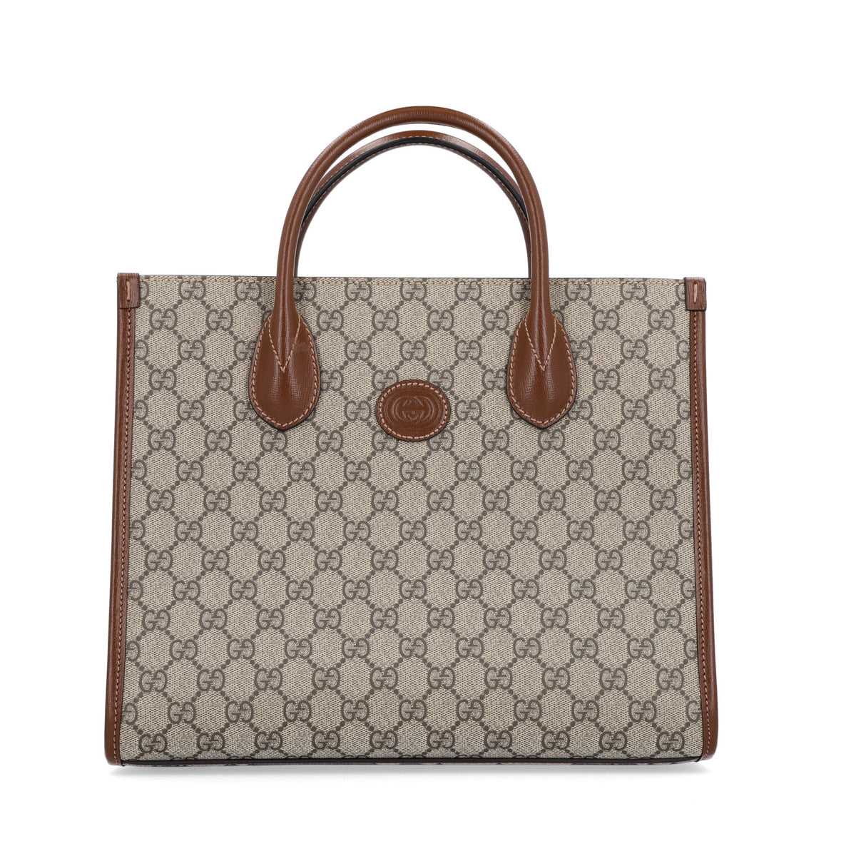 GG Supreme Monogram Azalea Calfskin Small Retro Interlocking G Tote Bag Beige Ebony Brown Sugar