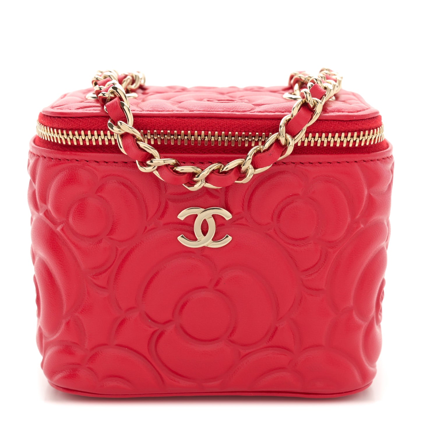 Lambskin Camellia Embossed Mini Vanity Case With Chain Red