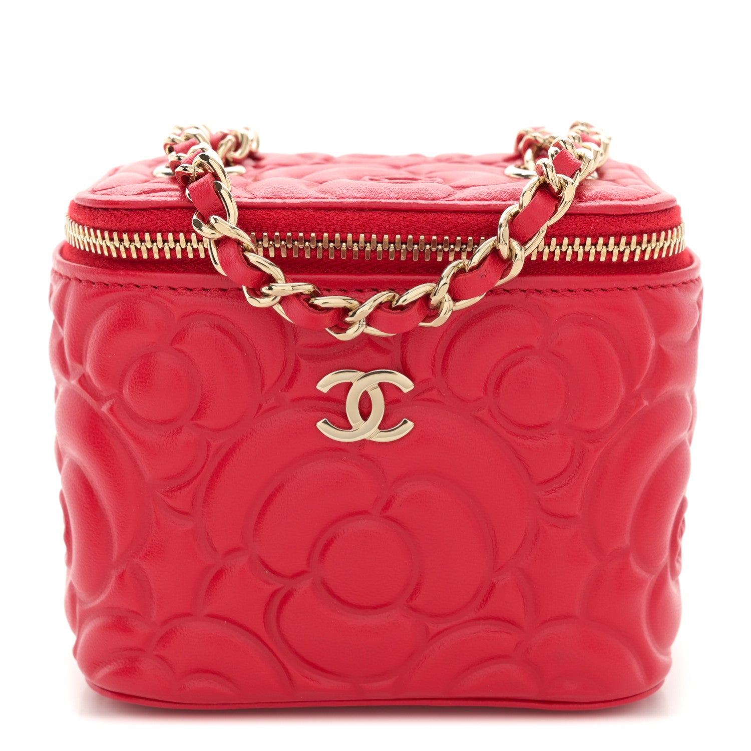 Chanel Lambskin Camellia Embossed Mini Vanity Case With Chain Red 1 of 11