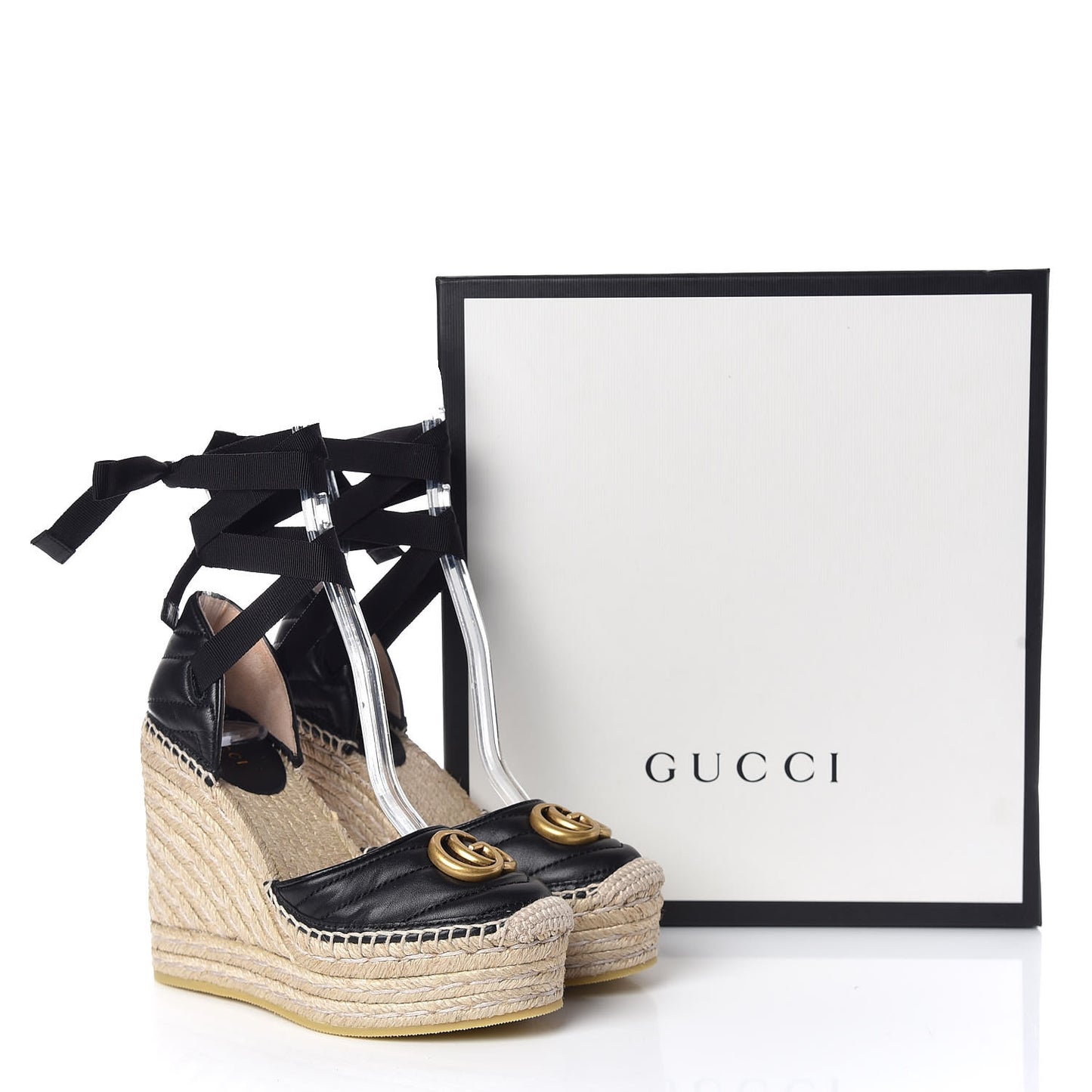Nappa Matelasse GG Marmont Ankle Wrap Platform 35/120mm Espadrille Wedges 34 Black