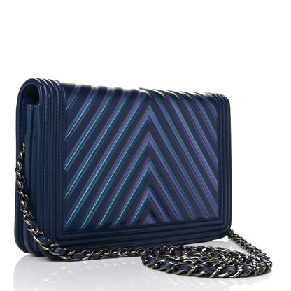 Chanel Calfskin Painted Chevron Embossed Boy Wallet On Chain WOC Navy 2 of 7