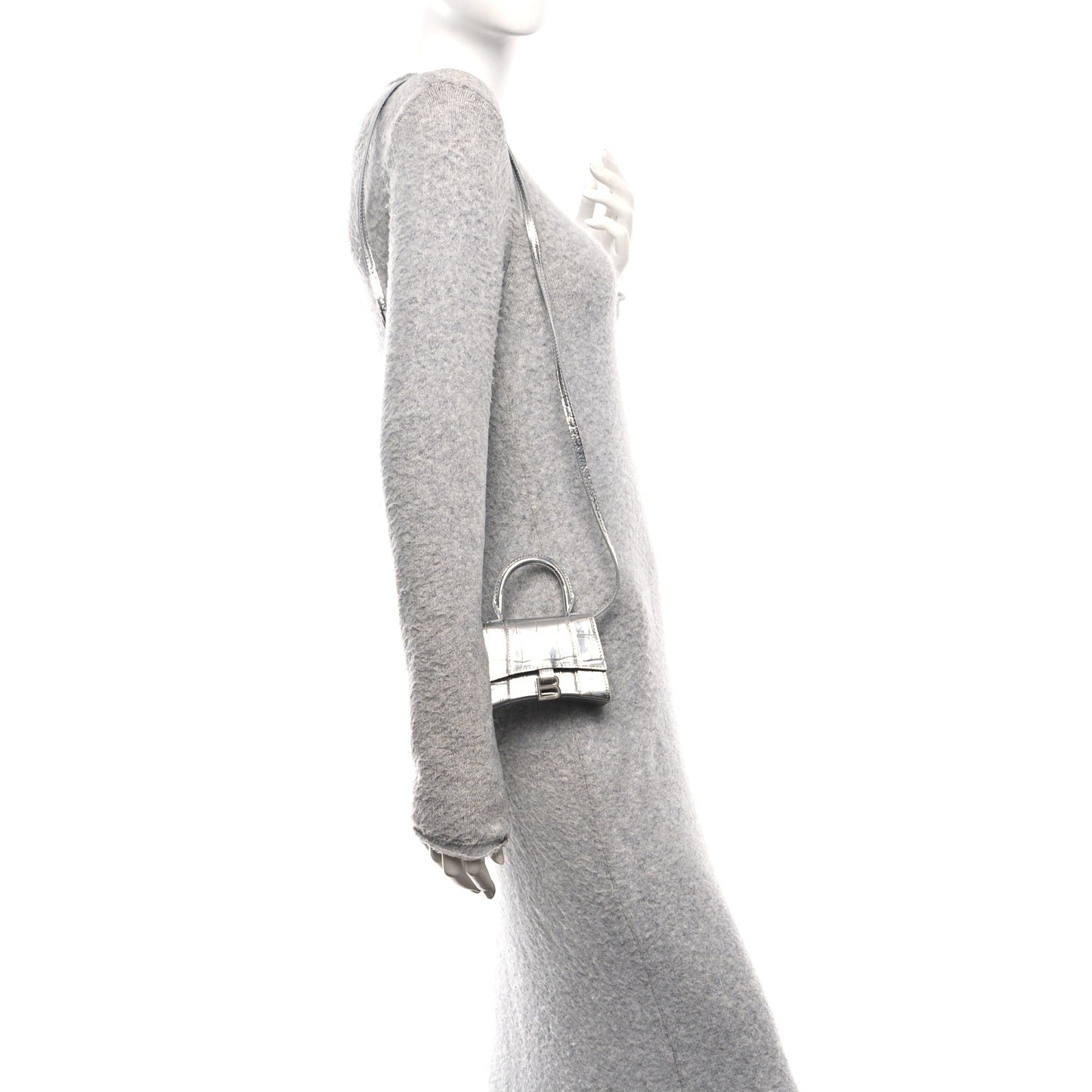 Metallic Calfskin Crocodile Embossed Hourglass Top Handle Bag Mini Silver