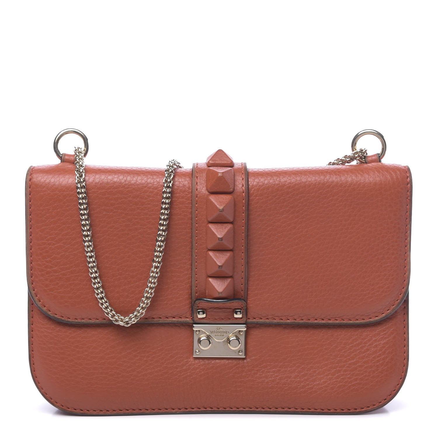 Valentino Garavani Pebbled Calfskin Monochrome Medium Glam Lock Rockstud Flap English Red 1 of 15