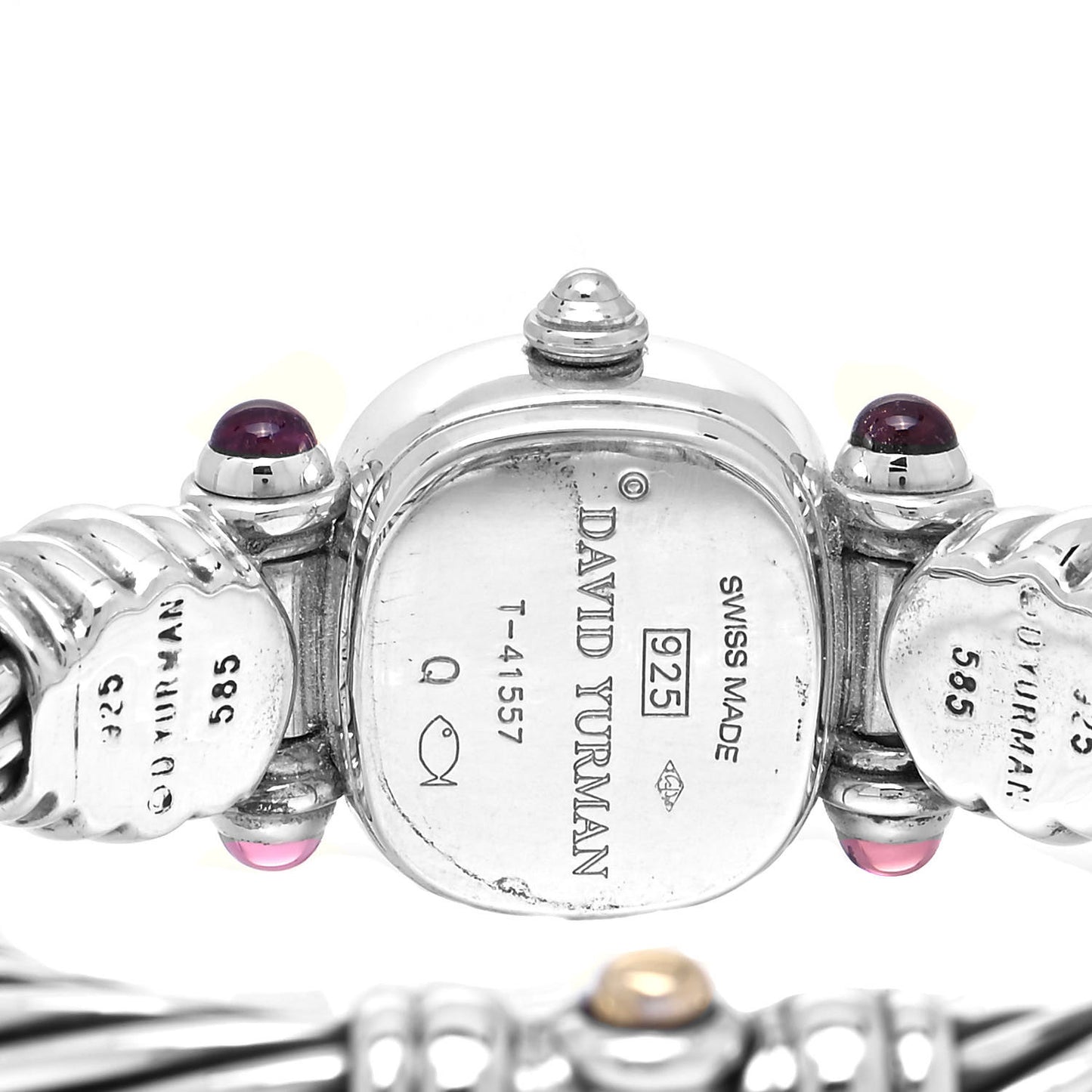 Sterling Silver Diamond Bezel Pink Mother of Pearl Pink Tourmaline 21mm Classic Cable Quartz Watch