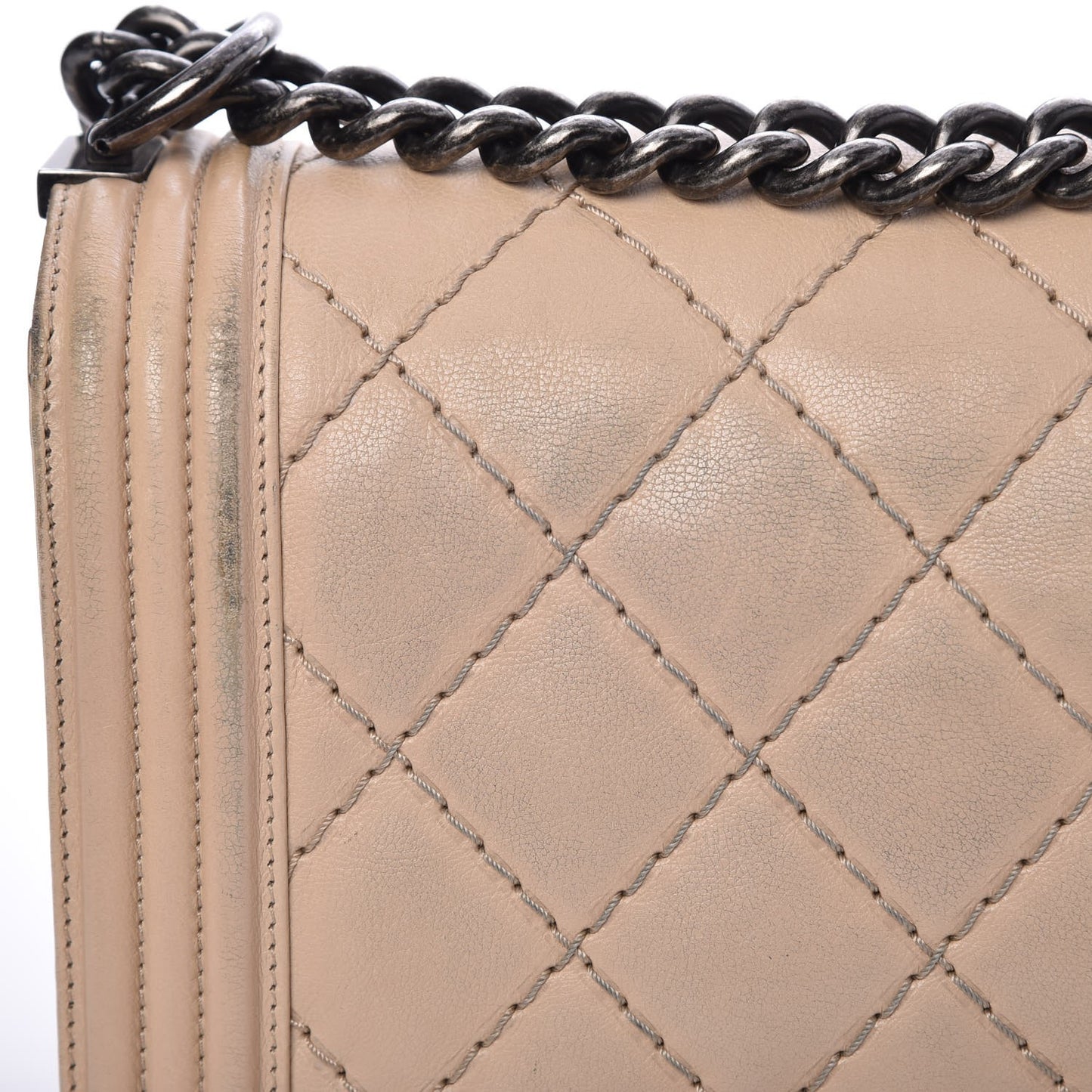 Calfskin Quilted Double Stitch New Medium Boy Flap Beige