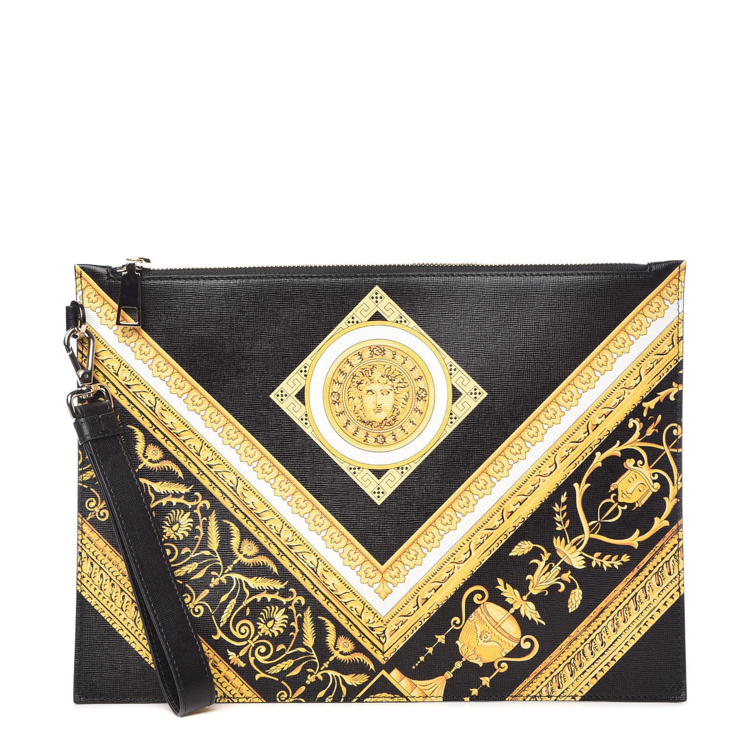 Vitello Saffiano Barocco Print Pochette Black Gold