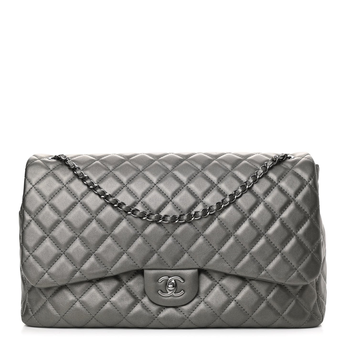 Metallic Calfskin Quilted Small XXL Travel Flap Bag Dark Silver