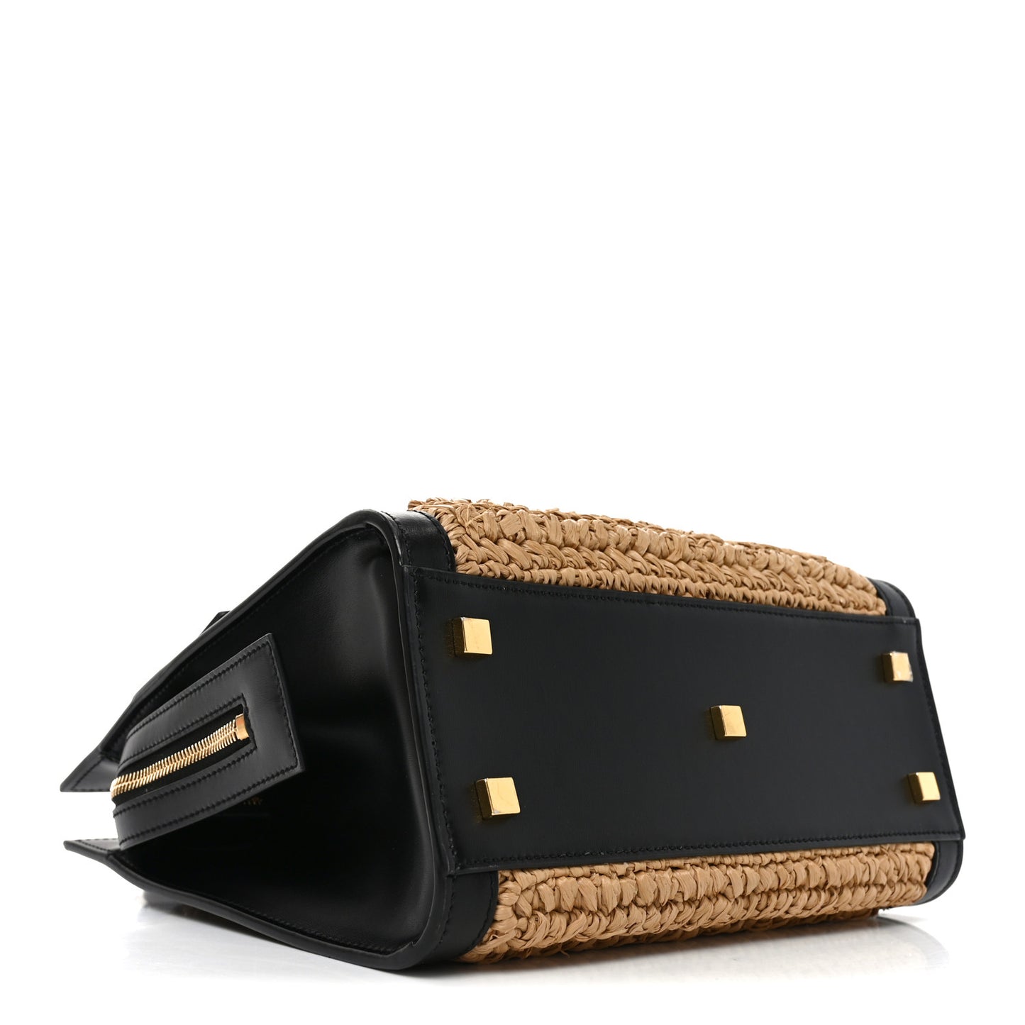 Raffia Calfskin Small Uptown Tote Black Natural