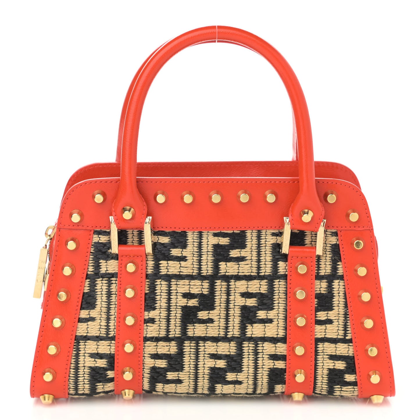 Raffia Calfskin FF Studded Satchel Orange