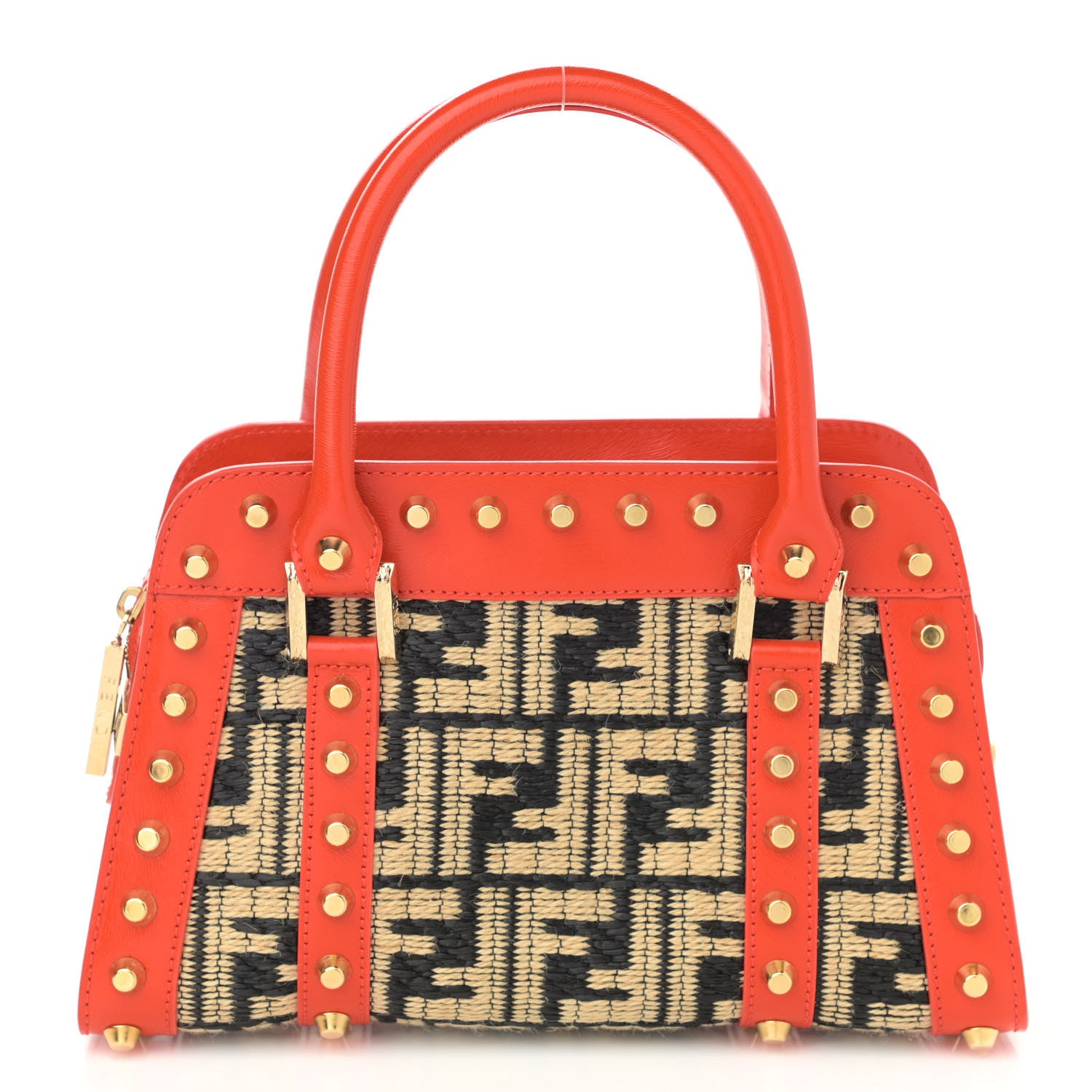 Fendi Raffia Calfskin FF Studded Satchel Orange 1 of 11