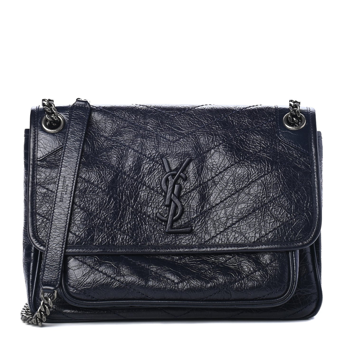 Crinkled Calfskin Matelasse Monogram Medium Niki Chain Satchel Deep Marine