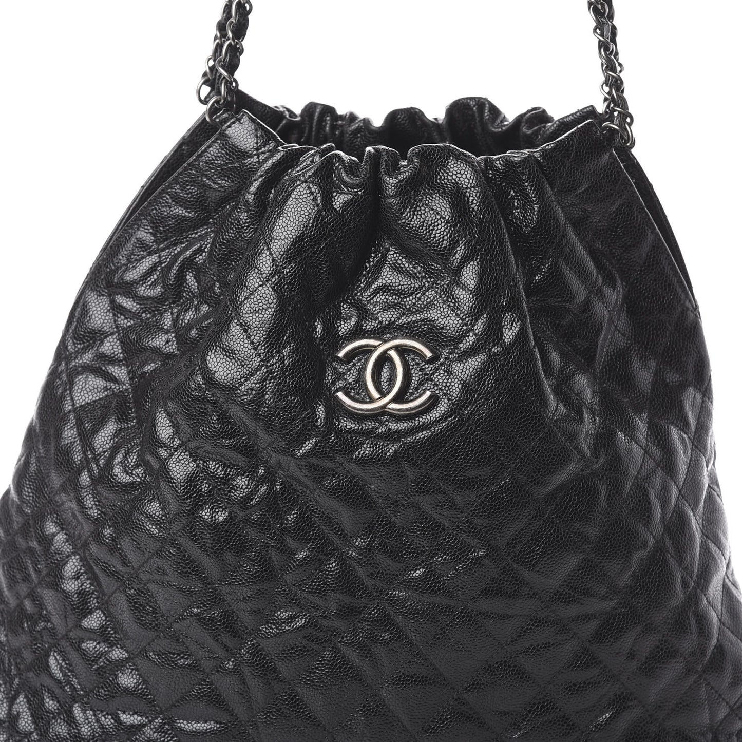 Distressed Glazed Caviar Quilted Large Elastic Tote Black