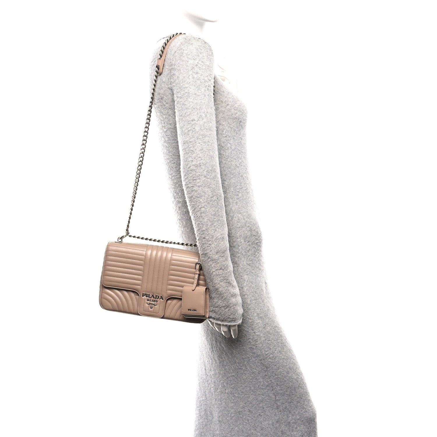 Prada Soft Calfskin Impunture Diagramme Large Chain Flap Shoulder Bag Cipria 2 of 9