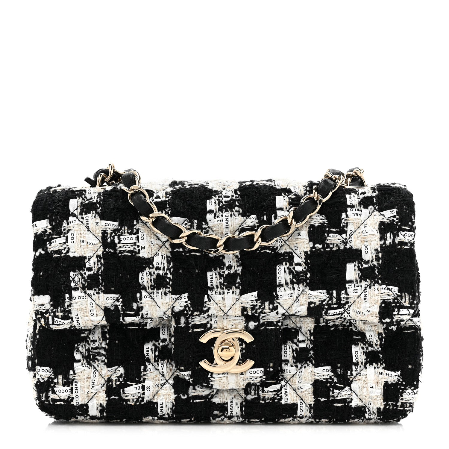 Chanel Tweed Quilted Mini Rectangular Flap Black Ecru White 1 of 10