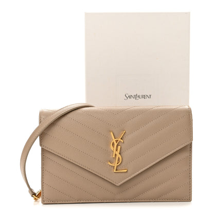 Saint Laurent Grain De Poudre Matelasse Chevron Monogram Envelope Chain Wallet Dark Beige 12 of 12