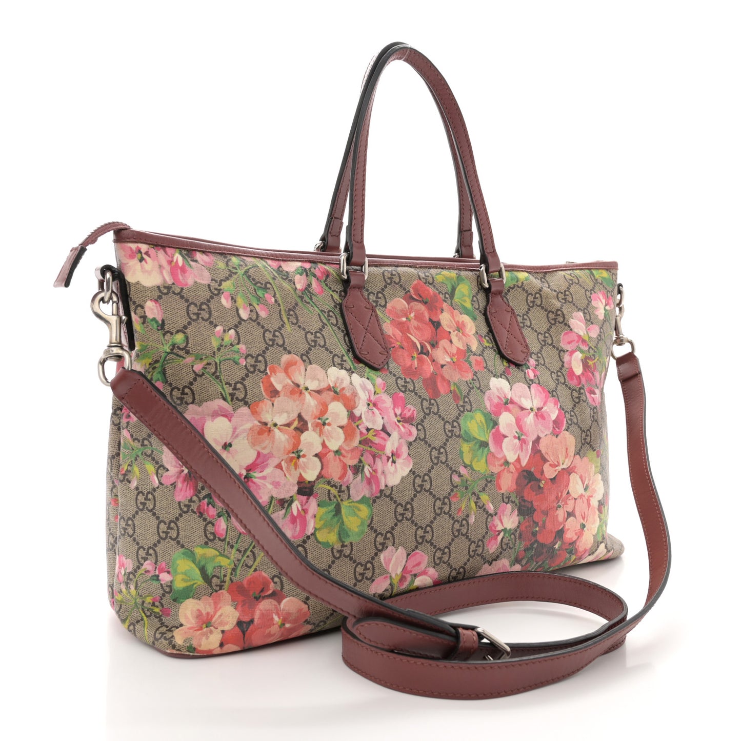 GG Supreme Monogram Blooms Medium Zippered Tote Beige Multicolor Dry Rose