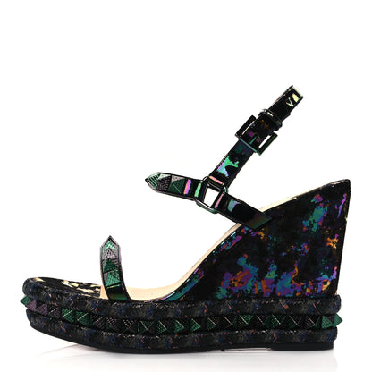 Christian Louboutin Patent Calfskin Dark Rainbow Print Pyraclou 110 Wedge Sandals 40 Black Multicolor 1 of 7