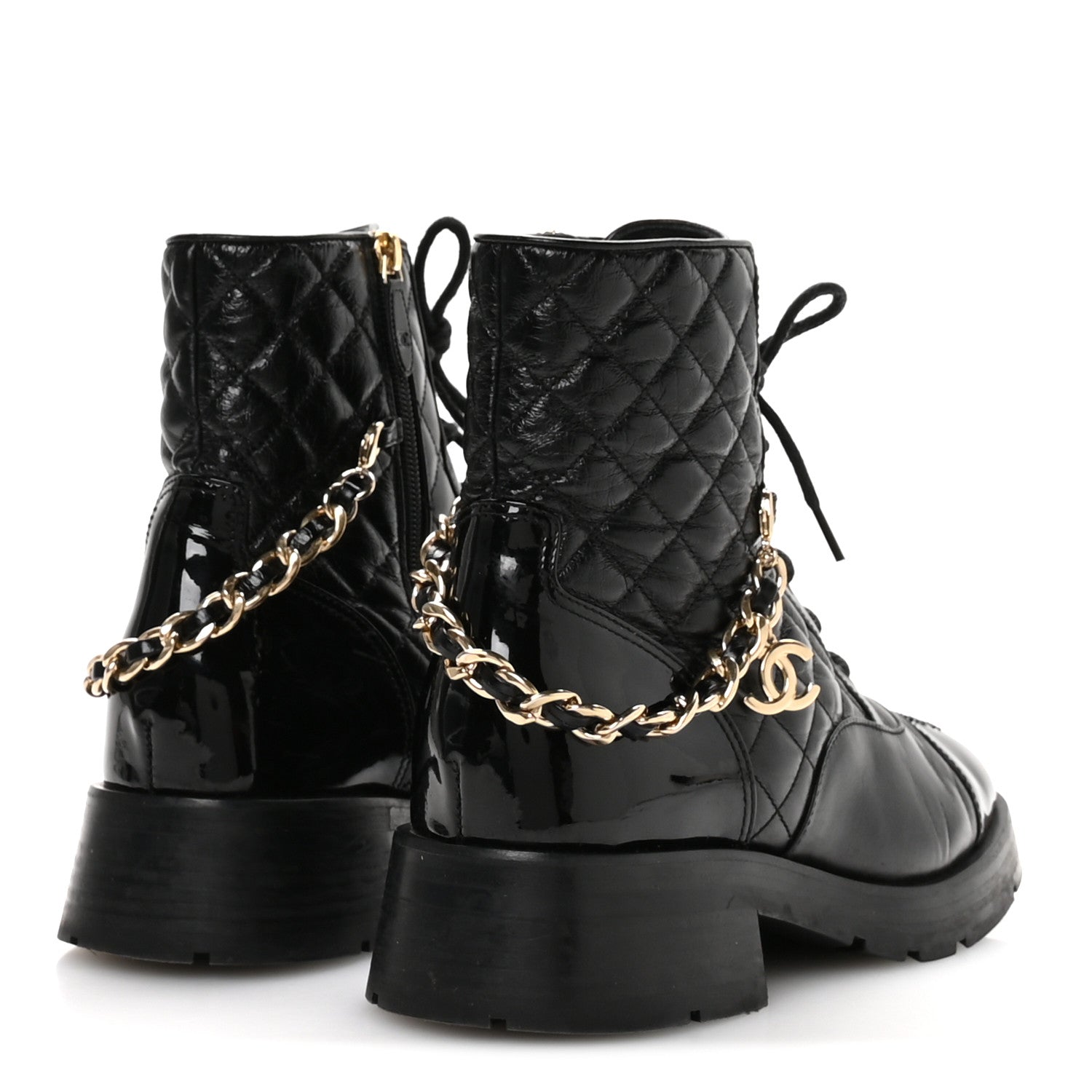 Chanel Shiny Calfskin Patent Quilted Chain Lace Up Combat Boots 40.5 Black 5 of 9