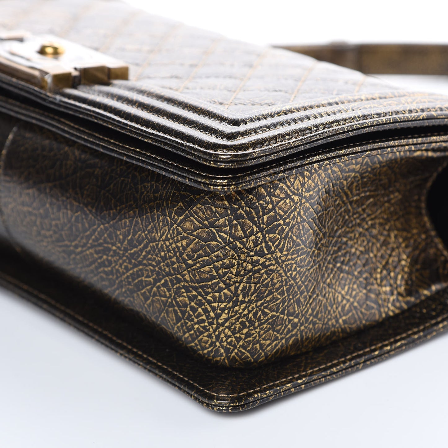 Cracked Metallic Calfskin Quilted Medium Boy Flap Gold