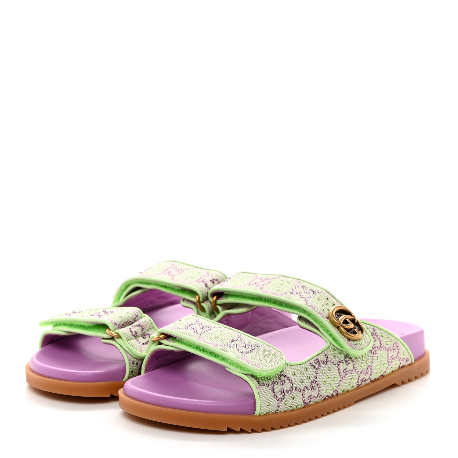 Gucci GG New Canvas Nappa Crystal Womens Slide Sandals With Straps 38 Purple Green 3 of 9