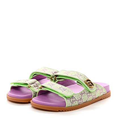 Gucci GG New Canvas Nappa Crystal Womens Slide Sandals With Straps 38 Purple Green 3 of 9