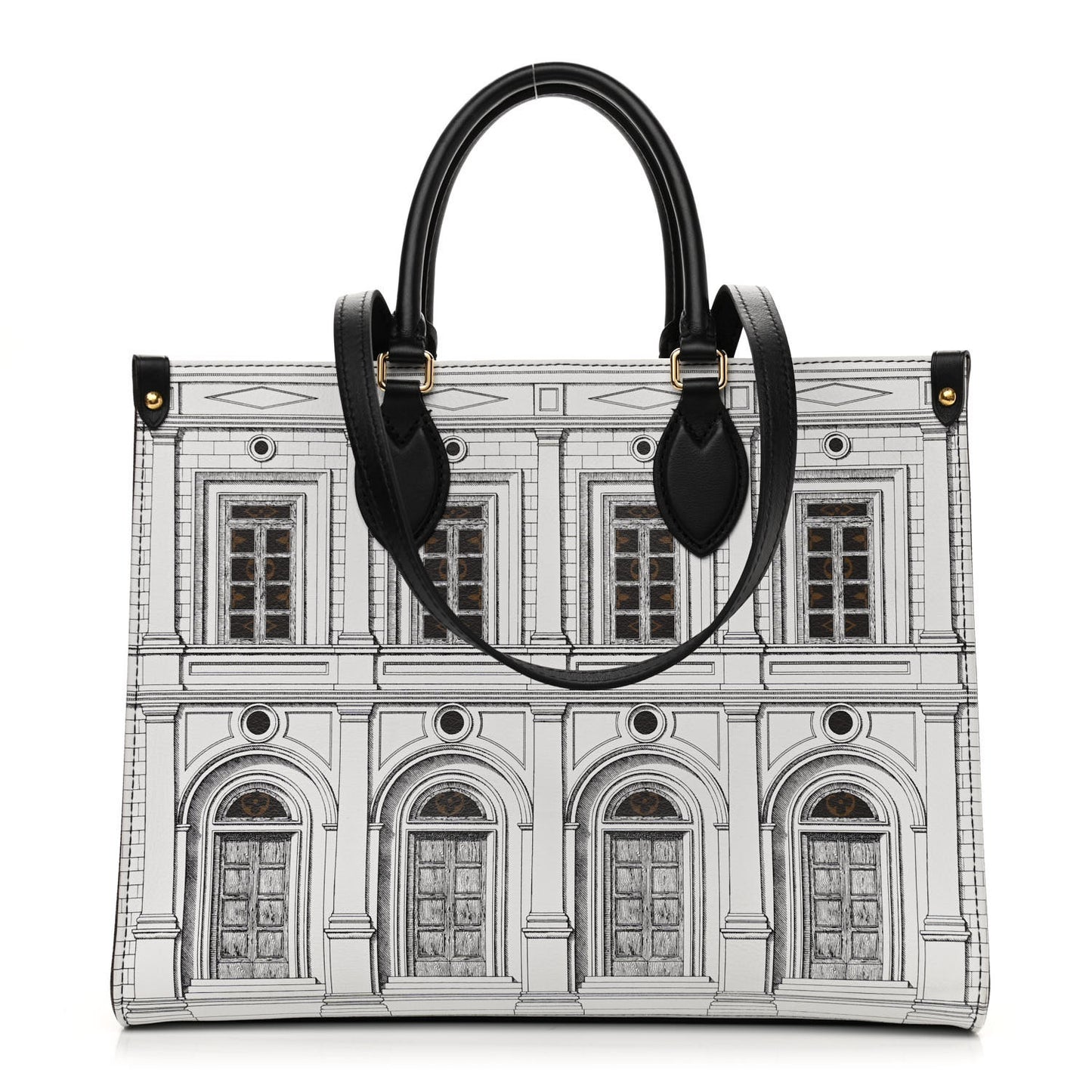 X FORNASETTI Calfskin Architettura Onthego MM Black White