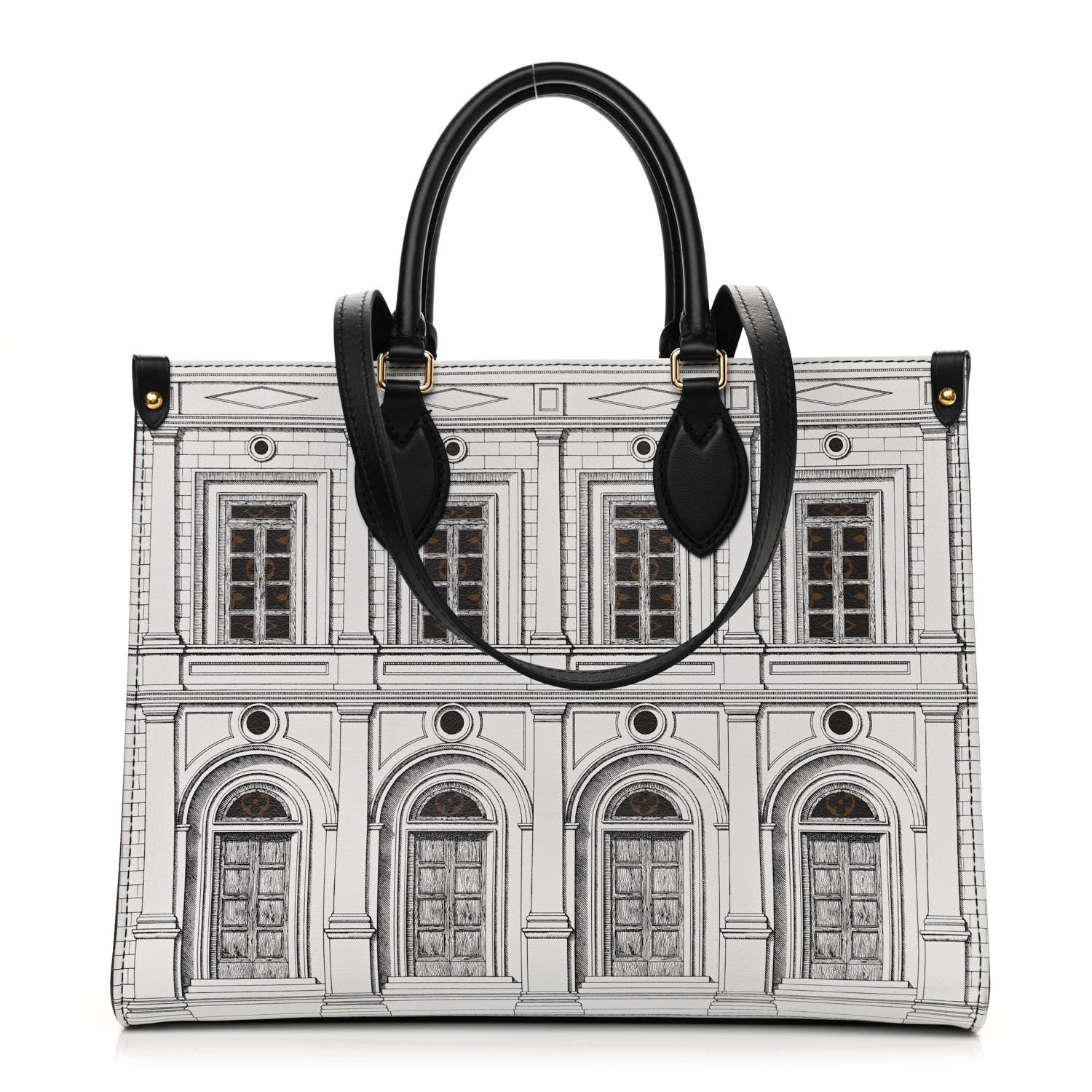 Louis Vuitton X FORNASETTI Calfskin Architettura Onthego MM Black White 1 of 9