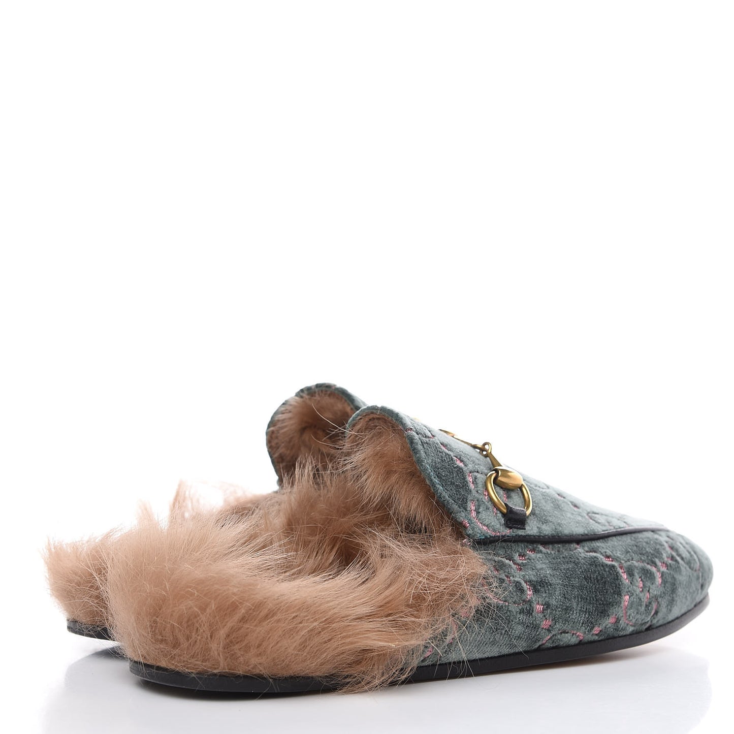 Velvet GG Monogram Fur Womens Princetown Slippers 35 Avio Dusty Pink