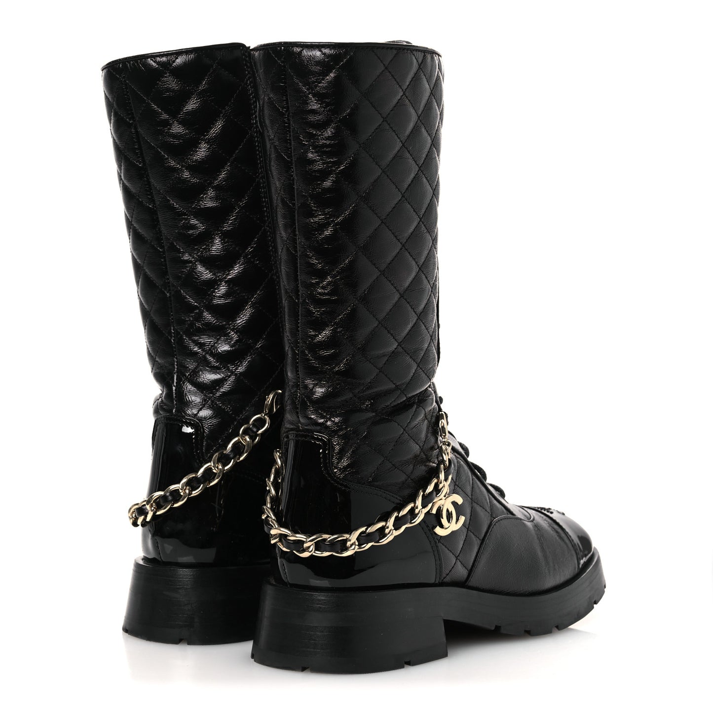 Shiny Calfskin Patent Quilted Chain Lace Up Combat Long Boots 37 Black