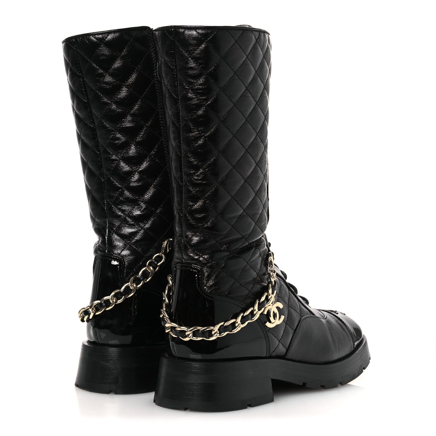 Chanel Shiny Calfskin Patent Quilted Chain Lace Up Combat Long Boots 37 Black 5 of 11