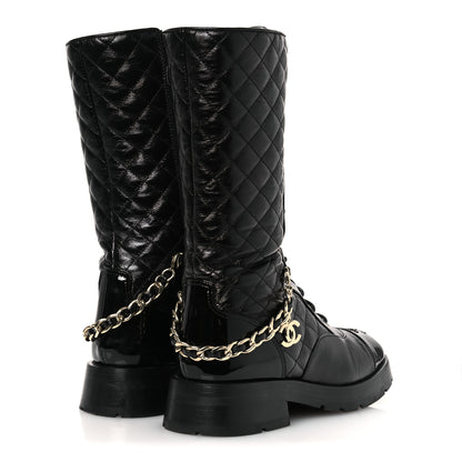 Chanel Shiny Calfskin Patent Quilted Chain Lace Up Combat Long Boots 37 Black 5 of 11