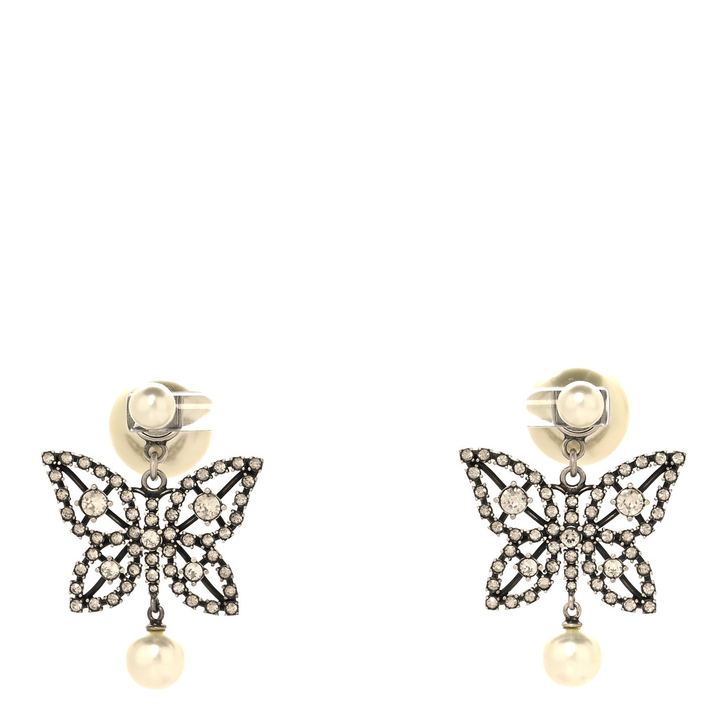 Crystal Pearl Butterfly Drop Earrings Silver