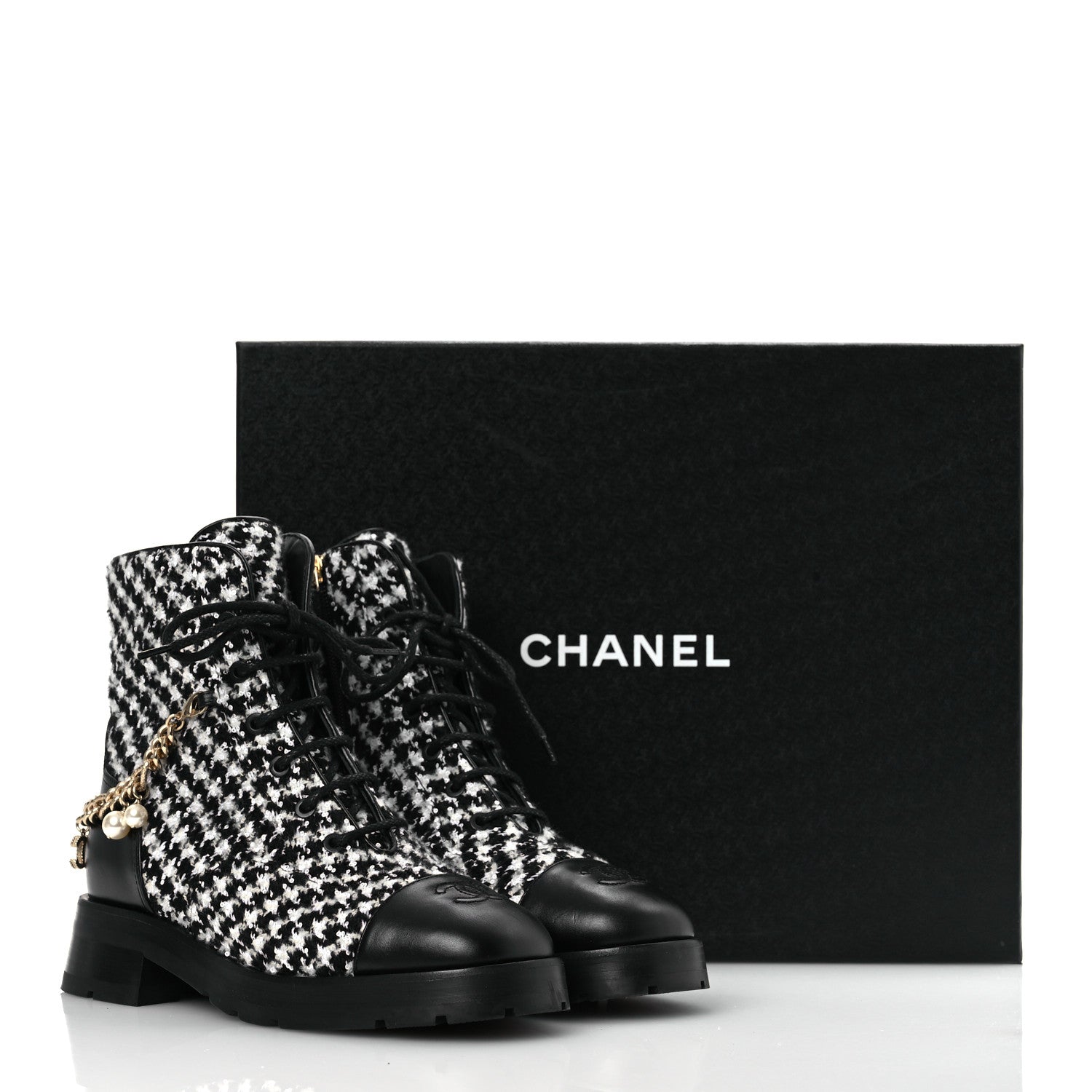 Chanel Wool Tweed Calfskin Chain Lace Up Combat Boots 38 Black White 11 of 11