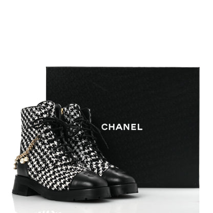 Chanel Wool Tweed Calfskin Chain Lace Up Combat Boots 38 Black White 11 of 11