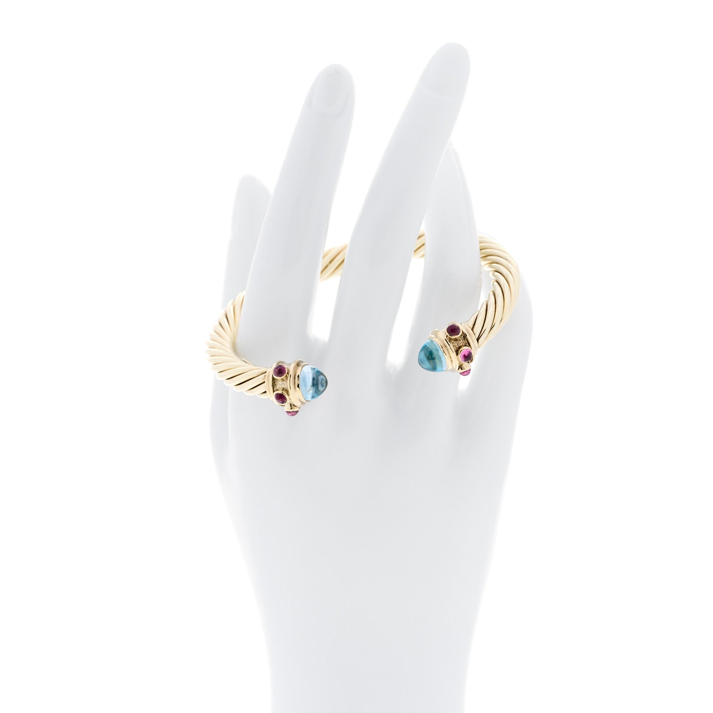 14K Yellow Gold Blue Topaz Pink Tourmaline 7mm Cable Renaissance Bracelet