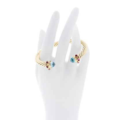 David Yurman 14K Yellow Gold Blue Topaz Pink Tourmaline 7mm Cable Renaissance Bracelet 2 of 4